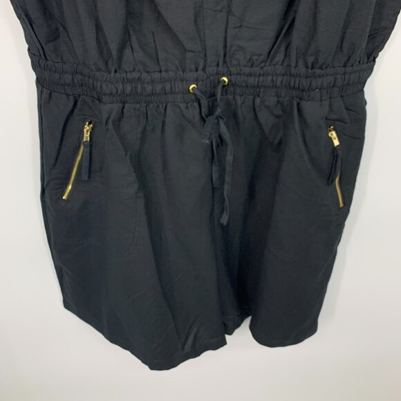 Ashley Stewart Romper Black Ramie Sleeveless Zip V Neck Drawstring - Picture 6 of 9